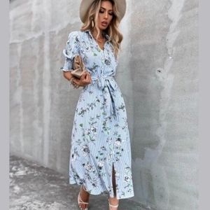 Zara | Shirt Dress Striped Puff Sleeve Floral Belted Midi Blue White Size L